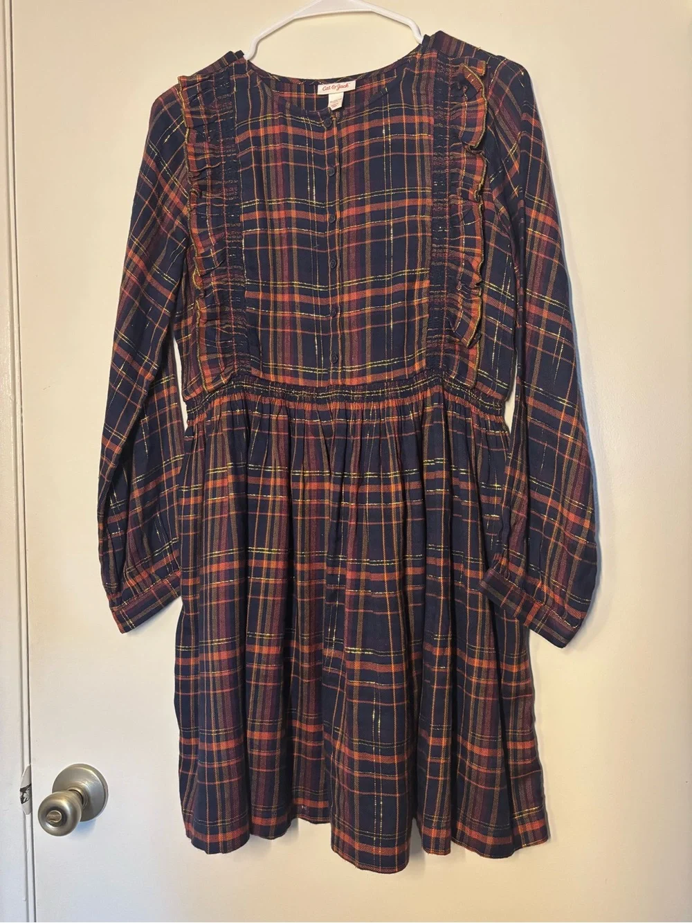 Cat & Jack Plaid Metallic Gold Tread Ruffle Dress Girls XL NWOT